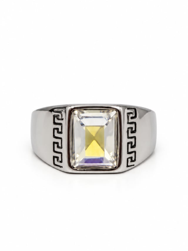 CLEAR RECTANGULAR STONE GREEK-KEY SIGNET RING