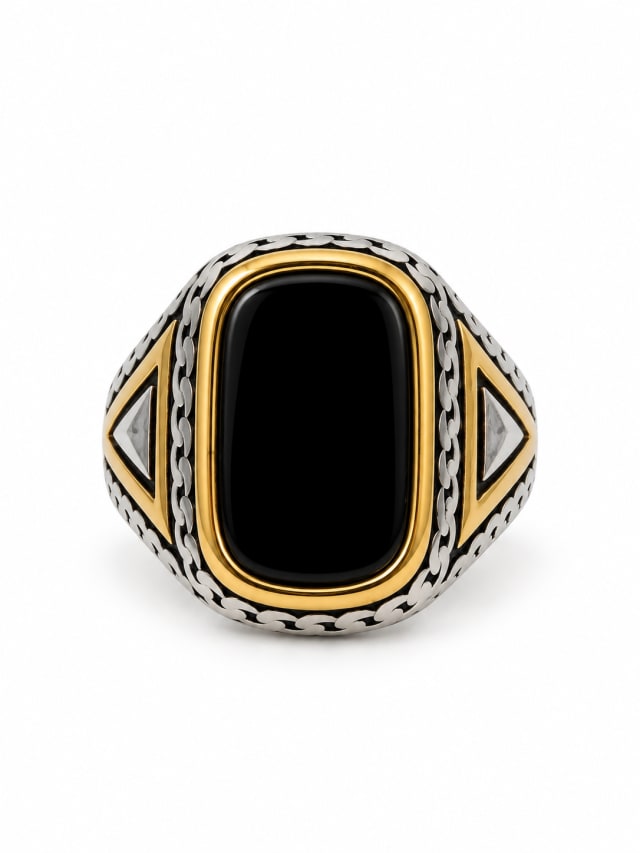 BLACK RECTANGULAR STONE TRIANGLE-SHOULDER SIGNET RING