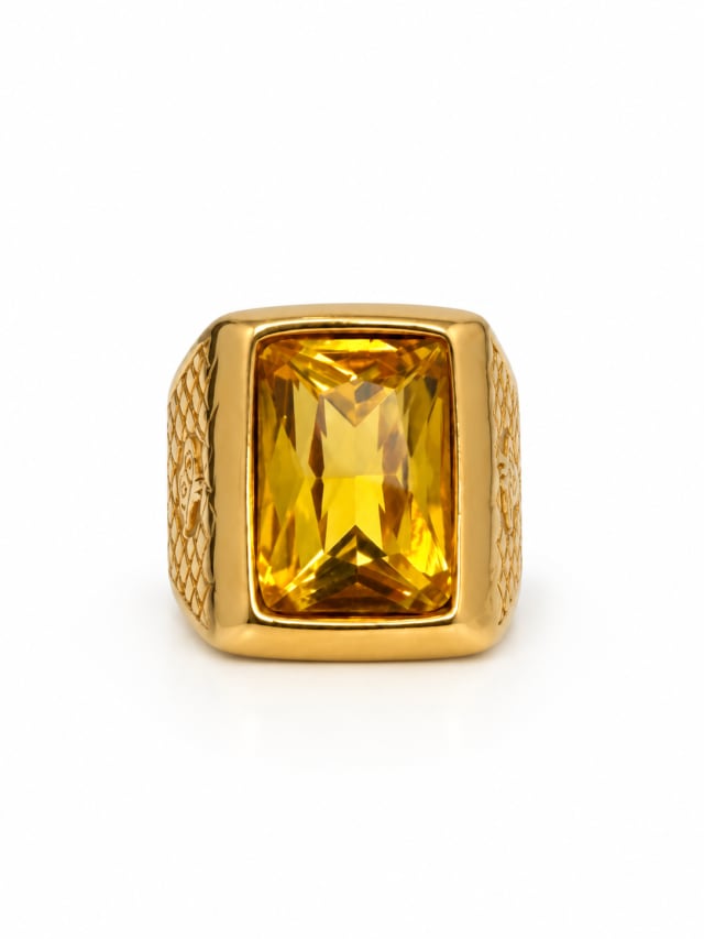 YELLOW RECTANGULAR STONE TEXTURED GOLD-TONE SIGNET RING