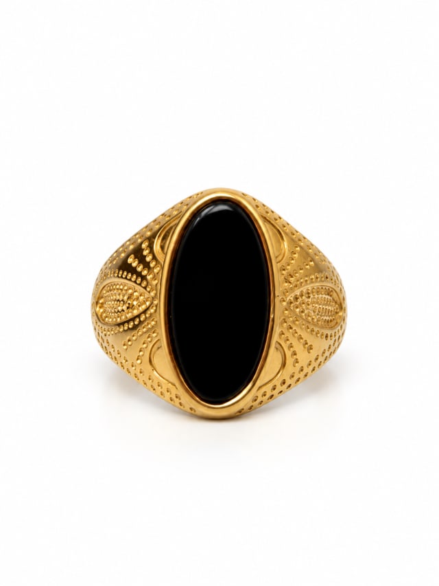 BLACK OVAL STONE TEXTURED GOLD-TONE SIGNET RING