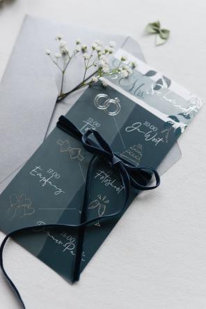 8 Punkte – Das gehört in Eure Einladungskarten - Einladungskarte Mr & Mrs Timeline Silberfolie - Hochzeitsplaza Kartenshop