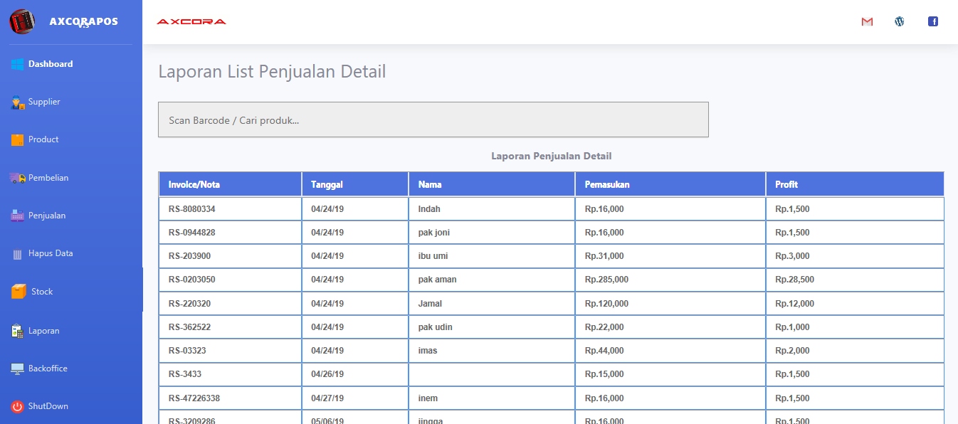 laporan penjualan detail aplikasi kasir ONLINE android iphone windos