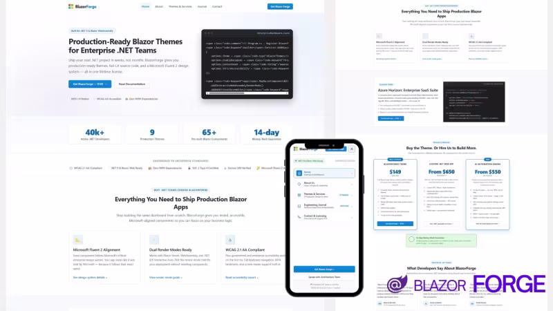 BlazorForge is a premium Blazor WebAssembly theme built for .NET developers who need enterprise-grade UI, Microsoft Fluent 2 design system, Decap CMS, and full C# source code in one lifetime license.