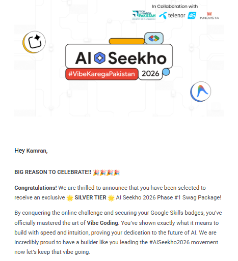 AI Seekho 2026 email confirming selection for the Silver Tier swag package