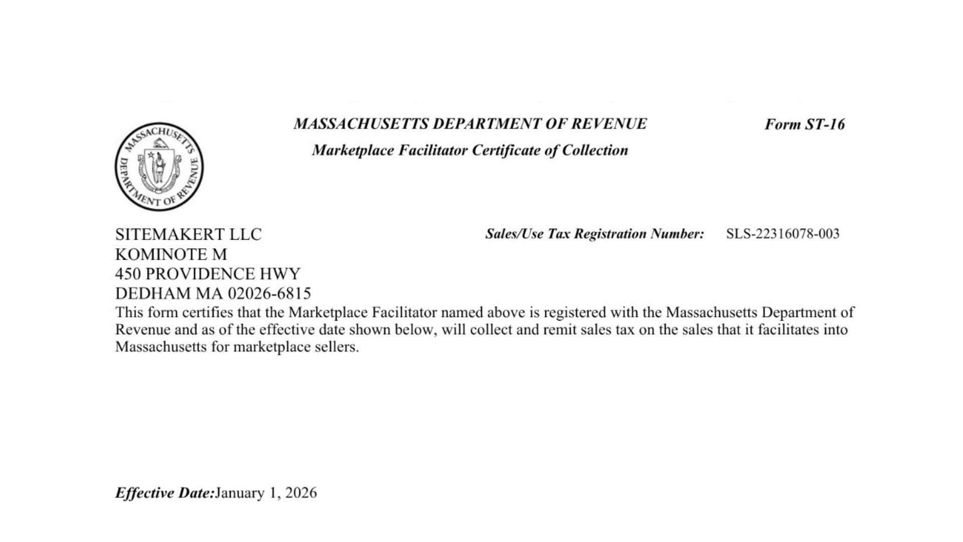 Massachusetts Marketplace Facilitator Certificate of Collection