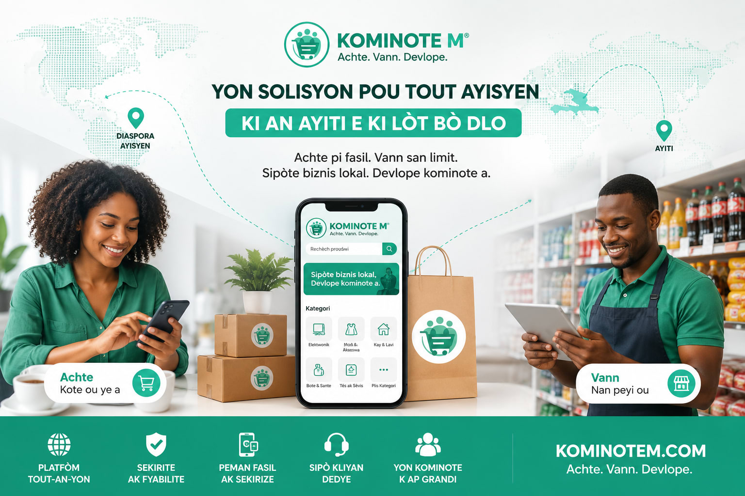 Achtè ak vandè ayisyen k ap itilize Kominote M® pou sipòte biznis lokal yo epi kontribye nan devlopman ekonomi Ayiti.