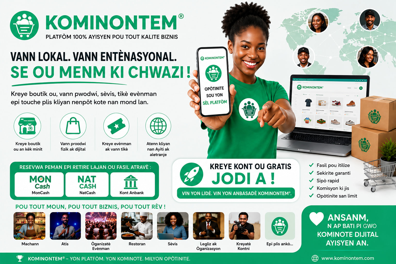 Kominontem® - Platfòm ayisyen pou vann pwodwi, sèvis ak tikè evènman lokalman ak entènasyonalman.