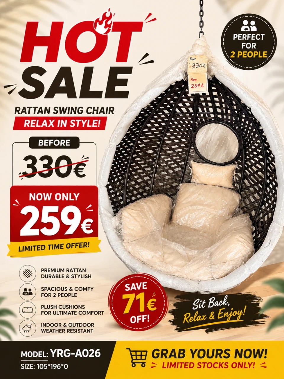 rattan swing chair for 2 people YRG-A026