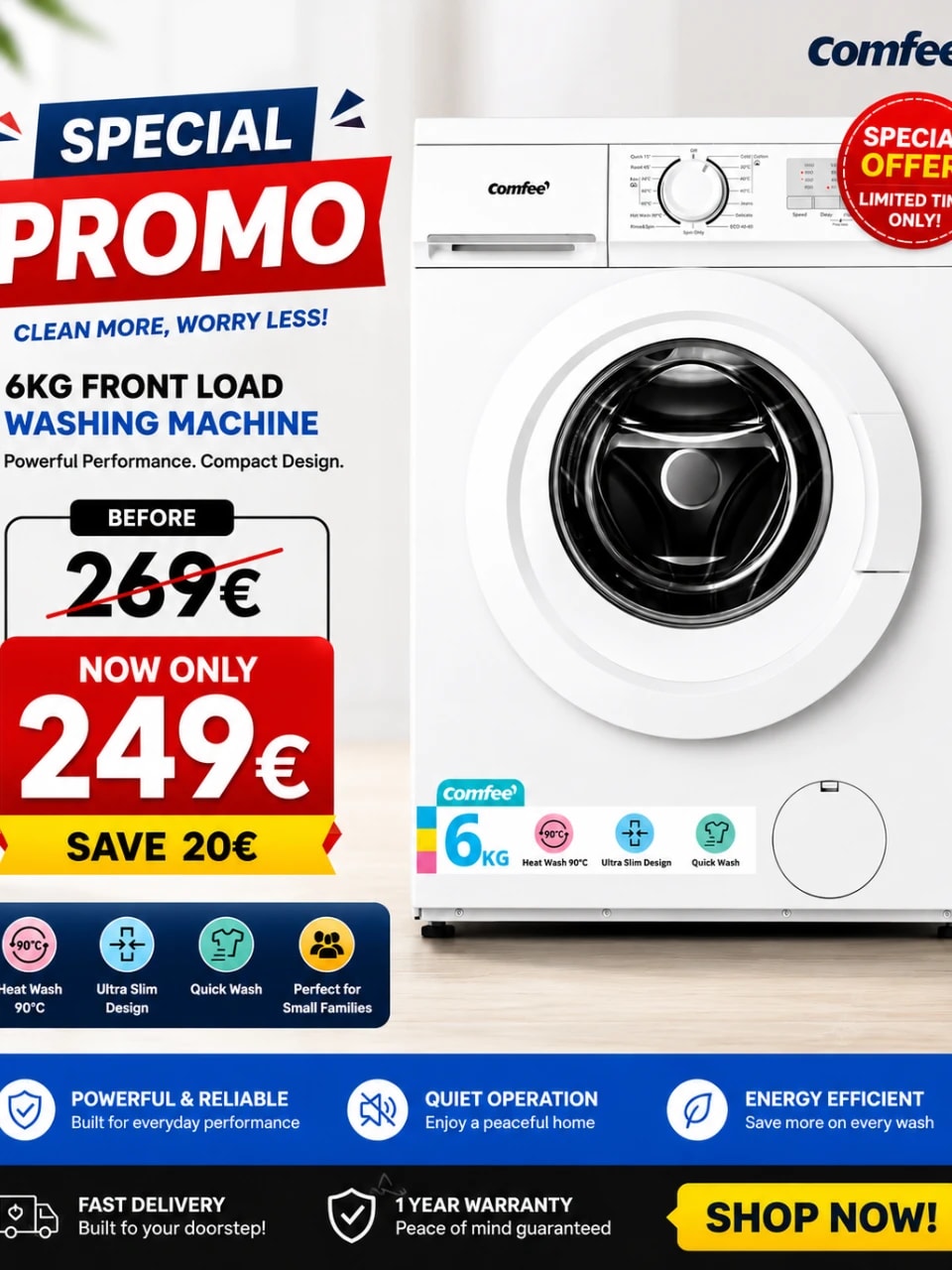 COMFEE 6K SLIM WASHING MACHINE CFE10EW60/W-UK