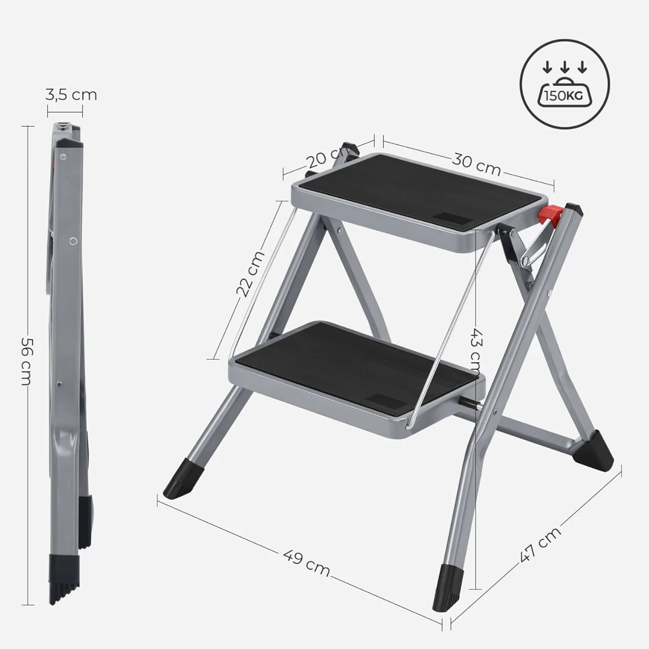 SONGMICS GSL002GY01 2 Step Ladder Folding Step Stool 20 cm Width Non-Slip Rubber with Handle 150 kg Load Steel Grey and Black Colour Name:Grey + Black GSL002GY01