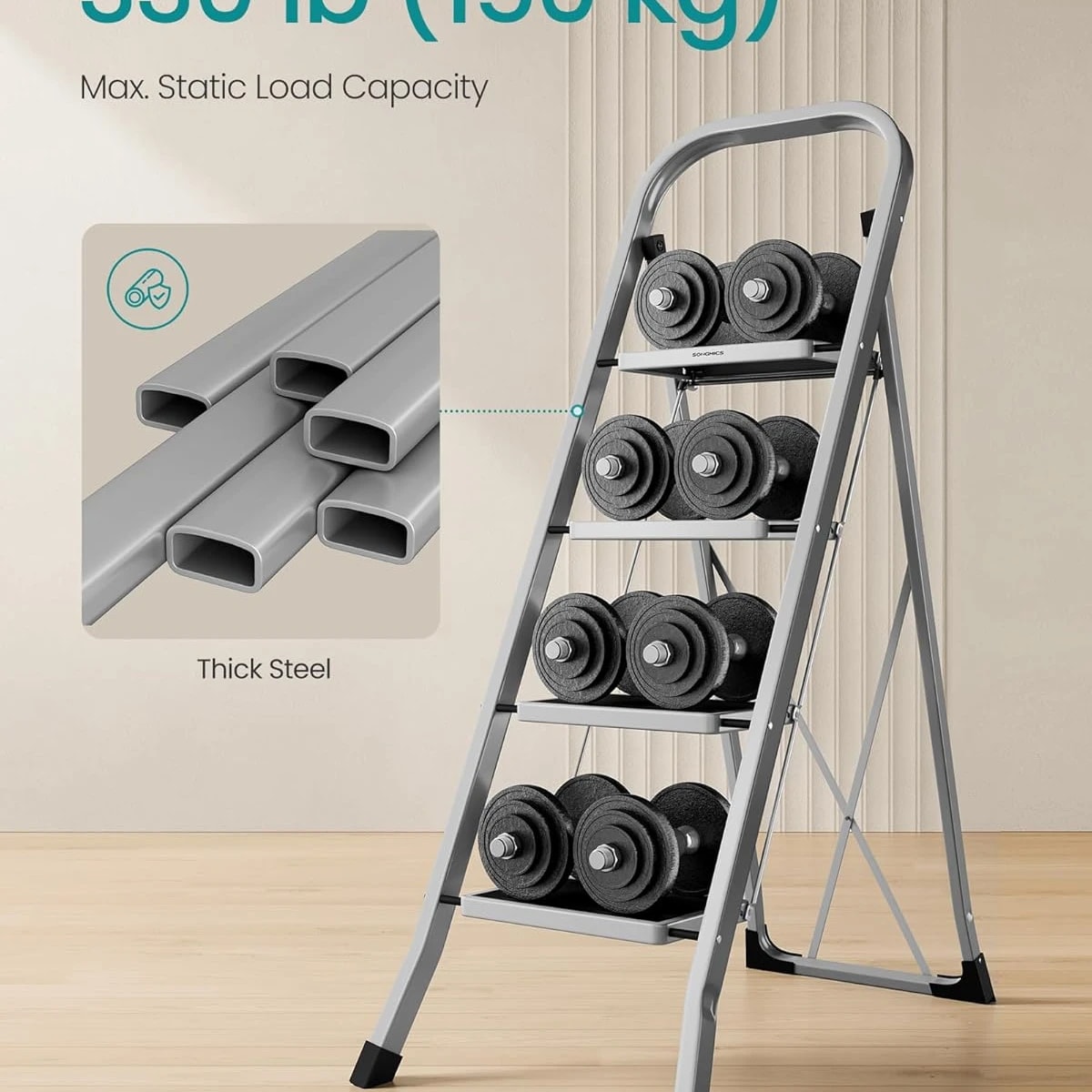 SONGMICS Step Ladder, 4-Step Ladder, Folding Ladder, Safety Lock, Space-Saving Storage, Holds up to 150 kg, Dove Grey GSL004G01 Colour Name:Dove Grey GSL004G01