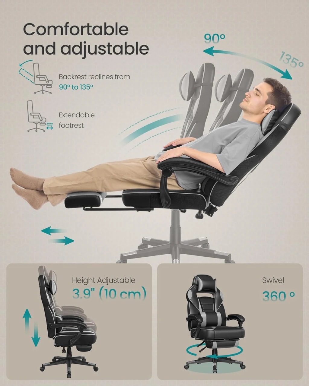 songmics GAMING CHAIR "OBG073BH08' SONGMICS Racing Gaming Chair, Adjustable Office Chair with Footrest, Ergonomic Design, Headrest, Lumbar Support, 150 kg Weight Capacity, Ink Black and Dove... Colour Name:Black + Grey Material Type:Polyurethane