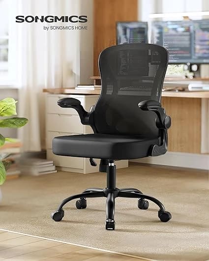 songmics OBN04BH03 SONGMICS Ergonomic Office Chair, Mesh Swivel Desk Chair with Lumbar Support, Rocking Function, Flip-Up Armrests, for Home Office, Bedroom, Black OBN042BH0