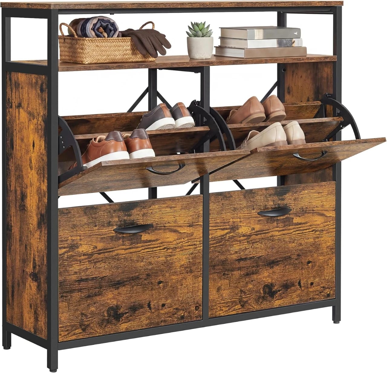 SONGMICS SHOE CABINET 'LBS803B01V1" VASAGLE Shoe Cabinet, Hallway Shoe Box with 4 Rocker Doors, Narrow Shoe Storage with Divider for 12-20 Pairs of Shoes, 98.5 x 30 x 95 cm, Rustic Brown and...