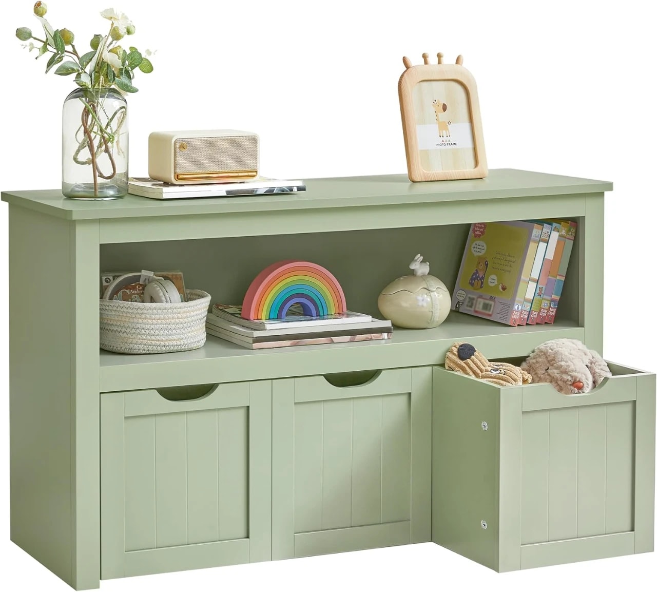 VASAGLE STORAGE CABINET "LHS380CE0' VASAGLE Children's Shelf, Toy Storage for Children, Storage Cabinet, Toy Cabinet, Storage Box with Wheels, Children's Room, 30 x 102 x 60 cm, Laurel Green