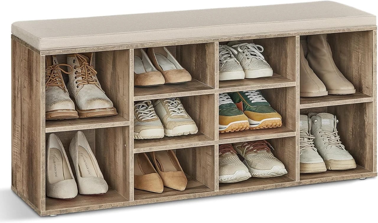 VASAGLE SHOE BENCH "LHS010K04"39 VASAGLE Shoe Bench, Storage Bench with Padded Cushion, 10 Compartments, Adjustable Shelves, for Living Room, Hallway, 104 x 30 x 48 cm, Light Oatmeal CUSTOS Collection LHS010K0