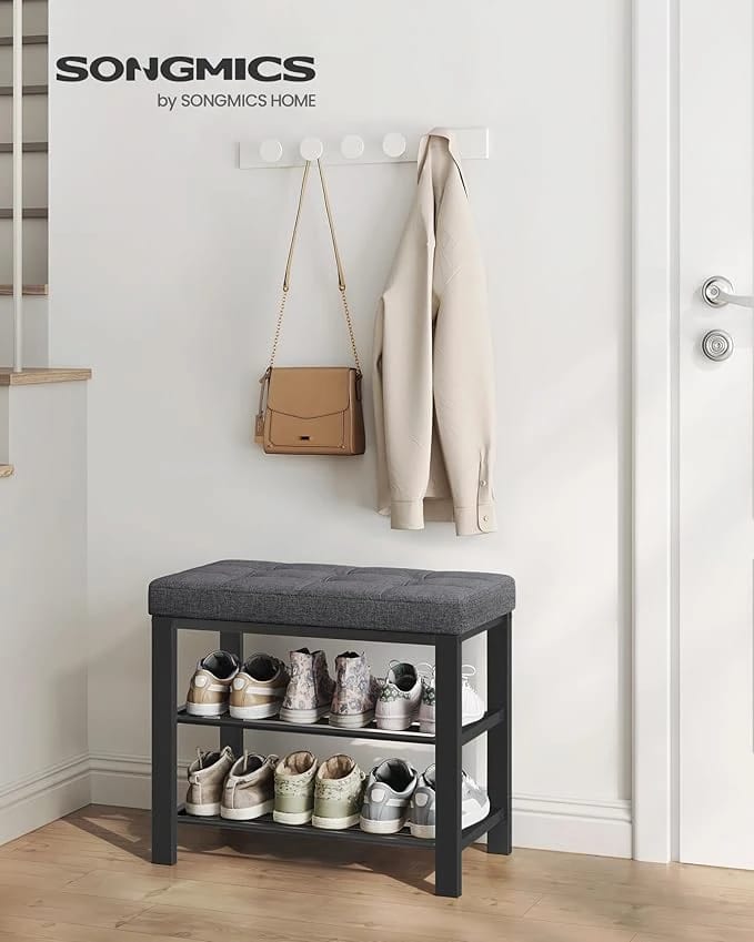 SONGMICS Shoe Bench "LBS576B01" SONGMICS Shoe Bench, 3-Tier Shoe Rack for Entryway, Storage Organiser with Foam Padded Seat, Linen, Metal Frame, for Living Room, Hallway, 31 x 60 x 49 cm, Dark Grey and Black LBS576B01