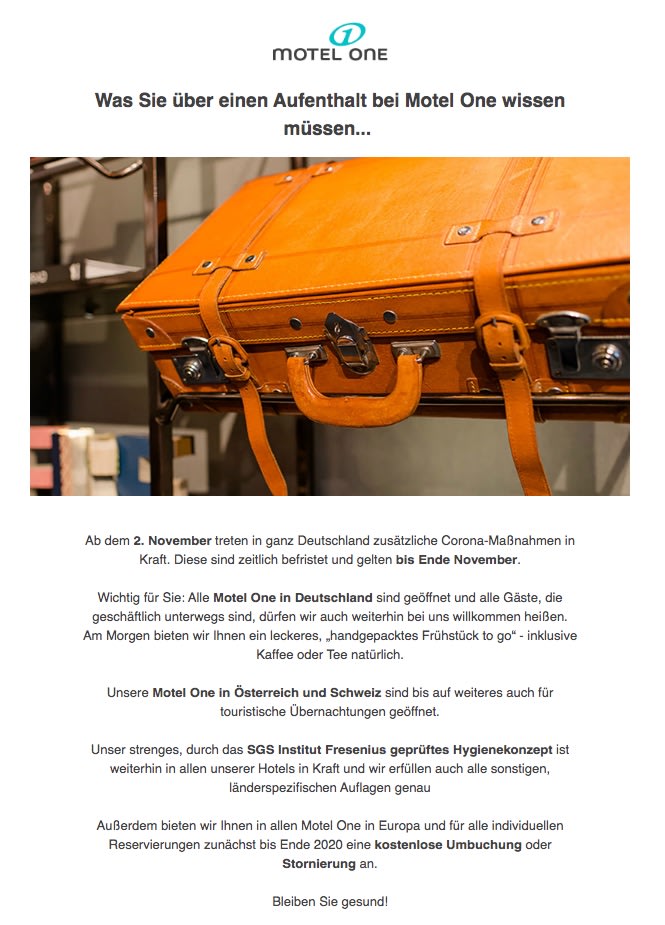Motel One bleibt geöffnet – Und Gastronomie setzt auf Lieferdienste und Take-away – Wir kämpfen weiter!
