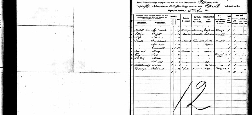 Vom heißen Ziegelstein zur mobilen Grillstation - Hamburger Passagierliste: Heinrich stieg am 26. Mai 1882 in Hamburg an Bord des Dampfschiffs 'Hansa', das ihn zunächst über Liverpool nach Hull brachte. Von dort aus ging es weiter in Richtung Westen bis nach Illinois in die Nähe von Chicago. (Foto: Ancestry.com Deutschland)
