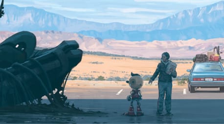 Cover "The Electric State". Eine junge Frau steht mit einem kleinen Roboter auf einem Highway in der Wüste. Links von ihnen ein umgestürztes altes Auto. Vor ihnen ein funktionierendes Auto mit festgeschnallten Koffern auf dem Dach