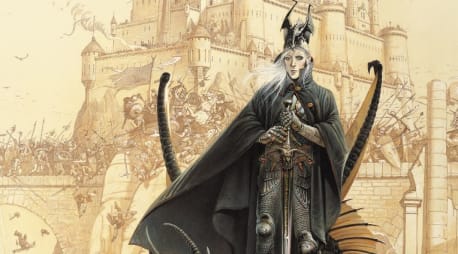 Elric - Cover-Ausschnitt. Elric steht in schwarzer Rsütung, mit wehendem Umhang und Flügelhelm, das Schwert vor sich auf den Boden stellt, hinter sich ein Drache, vor einer gewaltigen Burg, die Belagert wird.