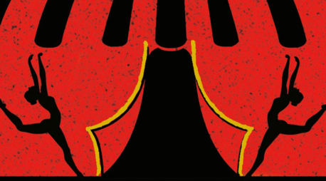 Coverausschnitt von "Sparks: Die Magie der Funken" Ein rotes Zirkuszelt vor schwarzem Hintergrund, gelb umrahmt, auf dessen Zeltwende die schwarzen Schemen von vier Artisten zu sehen sind.
