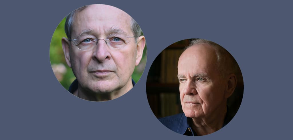 Autorenporträts von Péter Nádas (links) und Cormac McCarthy (rechts) auf lila Hintergrund