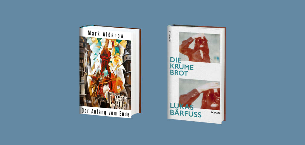 Zwei Bücher sind abgebildet. Das Linke Buch zeigt das Cover des Titels "Der Anfang der Welt" von Mark Aldanow, während das rechte Buch das Cover des Titels "Die Krume Brot" von Lukas Bärfuss zeigt. Die Bücher befinden sich auf einem einfachen, blauen Hintergrund. 