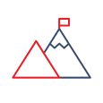 rot-blaues Icon, zwei Berge mit einer Fahne auf dem Gipfel