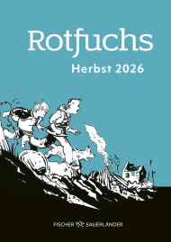 Cover der Programmvorschau "Rotfuchs Herbst 2026" von Fischer Sauerländer, mit einer Schwarz-Weiß-Zeichnung von zwei Jungen und einem Hund, die von einem rauchenden Haus wegrennen.