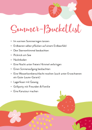 Sommer-Bucketlist mit diversen Ideen und Erdbeer-Illustrationen