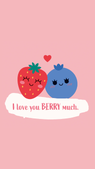 Erdbeere und Blaubeere mit Gesichtern, die kuscheln und Spruch auf Englisch "I love you berry much"