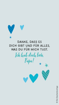 Wallpaper zum Vatertag mit dem Spruch "Danke, dass es dich gibt und für alles, was du für mich tust. Ich hab dich lieb, Papa!" auf graublauem Hintergrund mit Herz-Illustrationen