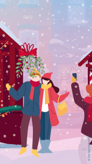 Illustration eines Paares, das auf einem Weihnachtsmarkt unter einem Mistelzweig steht, während eine andere Person sie mit einem Smartphone fotografiert.