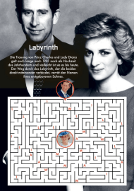 Hintergrundbild ist Prinzessin Diana mit damals noch Prince Charles III, im Vordergrund ein Labyrinth Rätsel