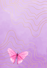 Lila Hintergrund, goldene Wellenlinien und pinker Schmetterling