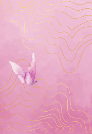 rosa Hintergrund, goldene Wellen und lila Schmetterling von der Seite