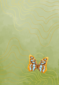 grüner Hintergrund, goldene Wellenlinien und bunter Schmetterling unten rechts