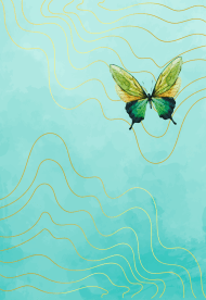 Blauer Hintergrund, goldene Wellenlinien und grüner Schmetterling