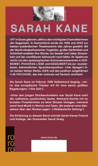 Zusatzmaterial 9783499231384 U4 von Sämtliche Stücke: Zerbombt / Phaidras Liebe / Gesäubert / Gier / 4.48 Psychose von Sarah Kane
