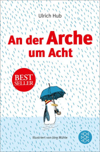 Buchcover mit einem Pinguin der einen Schirm trägt und im Regen läuft