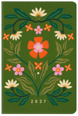 Taschenkalender A6 2027: Blütenmotiv, bestickt, grün