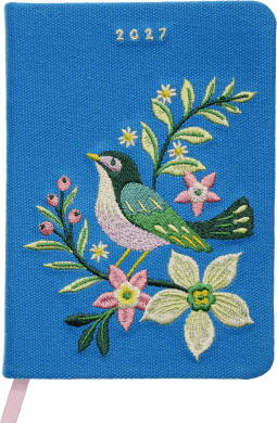 Produktbild von Taschenkalender A6 2027: Vogel und Blüten, bestickt, blau