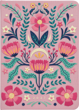 Taschenkalender A5 2027: Blütenmotiv, bestickt, rosa
