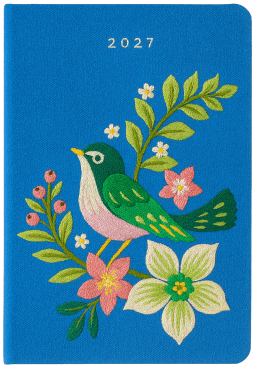Taschenkalender A6 2027: Vogel und Blüten, bestickt, blau