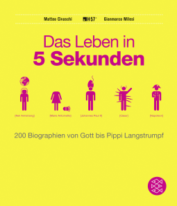 Buchcover von Das Leben in 5 Sekunden: 200 Biographien von Gott bis Pippi Langstrumpf von Matteo Civaschi, Gianmarco Milesi