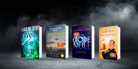 Ein Werbebanner für Buch-Neuerscheinungen, auf dem vier Romancover – „Weil sie lügt“ von Caroline Seibt, „Sommerfeldt SOLO – Der Auftrag“ von Klaus-Peter Wolf, „CODE NULL“ von Florian Schwiecker und „00-Laschet“ von David Safier – nebeneinander vor einem düsteren, von Rauch oder Nebel durchzogenen Hintergrund präsentiert werden.