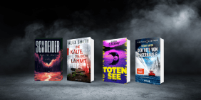 Vier Kriminalromane mit den Titeln "Blut für Blut", "Die Kälte, die dich lähmt", "Totensee" und "Tatort Hafen - Der Tote von Lagerhaus F" stehen nebeneinander.