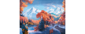 Ein Paar steht in dicken Winterjacken im Vordergrund, das die atemberaubende Landschaft genießt. Die Szene zeigt schneebedeckte Berge im Hintergrund, umgeben von herbstlich gefärbten Bäumen in warmen Orange- und Rottönen. Ein kleiner See spiegelt die farbenfrohe Natur wider. Rechts verläuft eine Straße durch ein malerisches Dorf, gesäumt von Gebäuden im traditionellen Stil. Leichte Schneeflocken fallen sanft vom Himmel und schaffen eine friedliche, winterliche Atmosphäre. Ein Schild am Wegesrand trägt die A