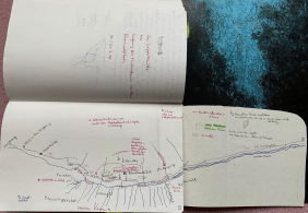 Ein aufgeschlagenes Notizbuch, aus dem eine eingeklebte Seite zusätzlich herausgeklappt ist. Über alle drei Seiten eine handgefertigte Zeichnung eines Flussverlaufs mit Notizen